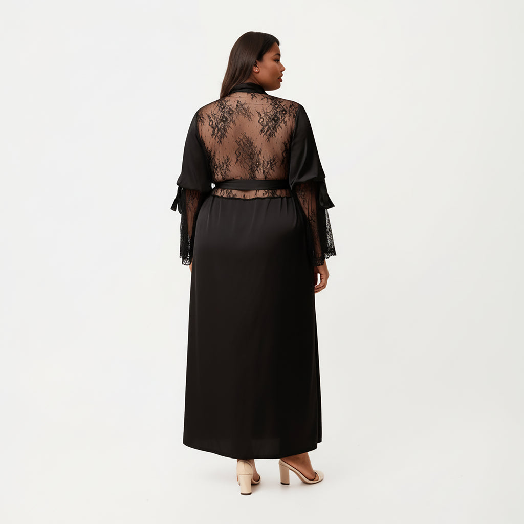 Anna-Kaci Lounge Women's PLus Size Long Satin Robe with Sheer Lace Sleeve Panels and Adjustable Tie Waist for a Flowing Silhouette