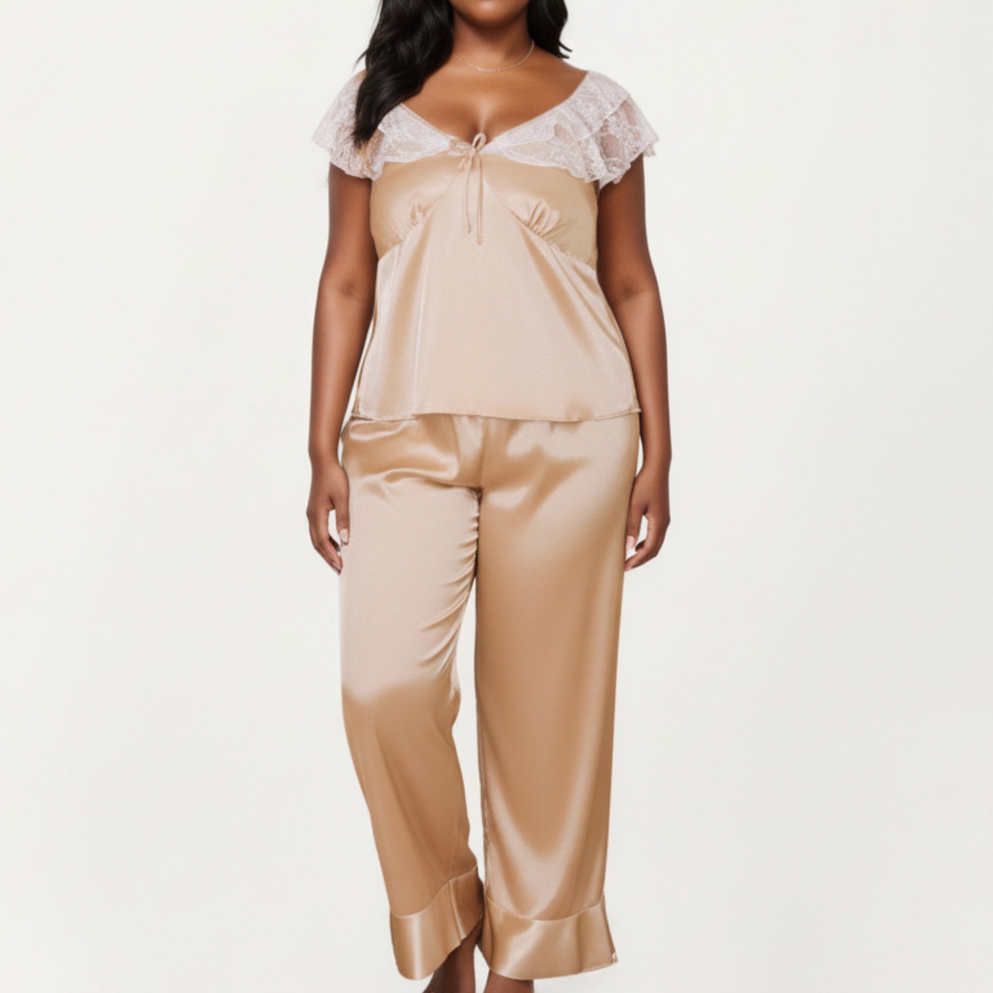 Anna-Kaci Lounge Women's PLus Size 2-Piece Set Satin Lace Trim Sleep Top and Wide Leg Pants with Soft Draping Silhouette