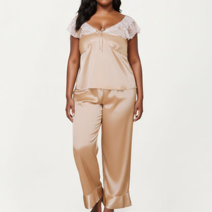 Anna-Kaci Lounge Women's PLus Size 2-Piece Set Satin Lace Trim Sleep Top and Wide Leg Pants with Soft Draping Silhouette