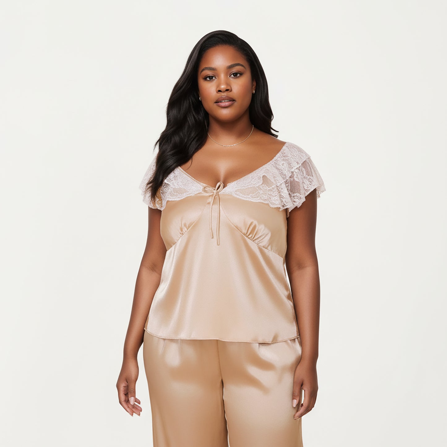 Anna-Kaci Lounge Women's PLus Size 2-Piece Set Satin Lace Trim Sleep Top and Wide Leg Pants with Soft Draping Silhouette