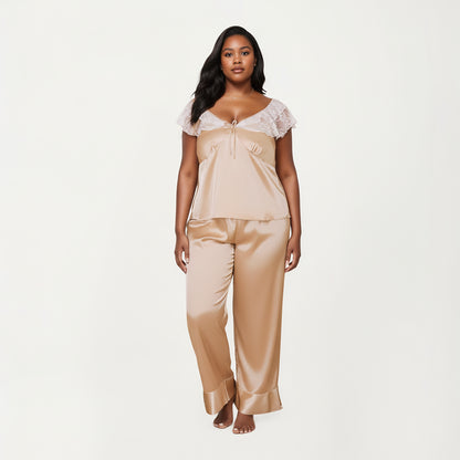 Anna-Kaci Lounge Women's PLus Size 2-Piece Set Satin Lace Trim Sleep Top and Wide Leg Pants with Soft Draping Silhouette