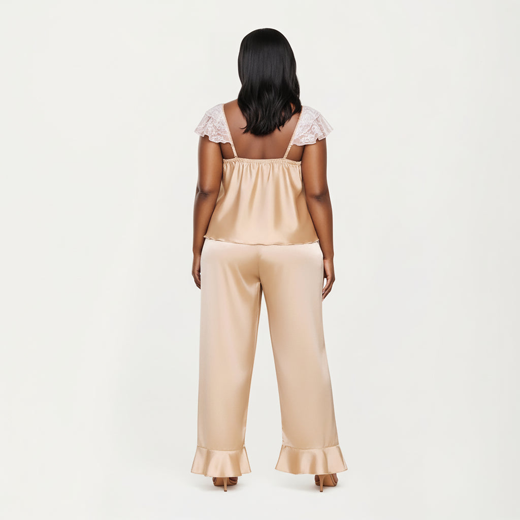 Anna-Kaci Lounge Women's PLus Size 2-Piece Set Satin Lace Trim Sleep Top and Wide Leg Pants with Soft Draping Silhouette