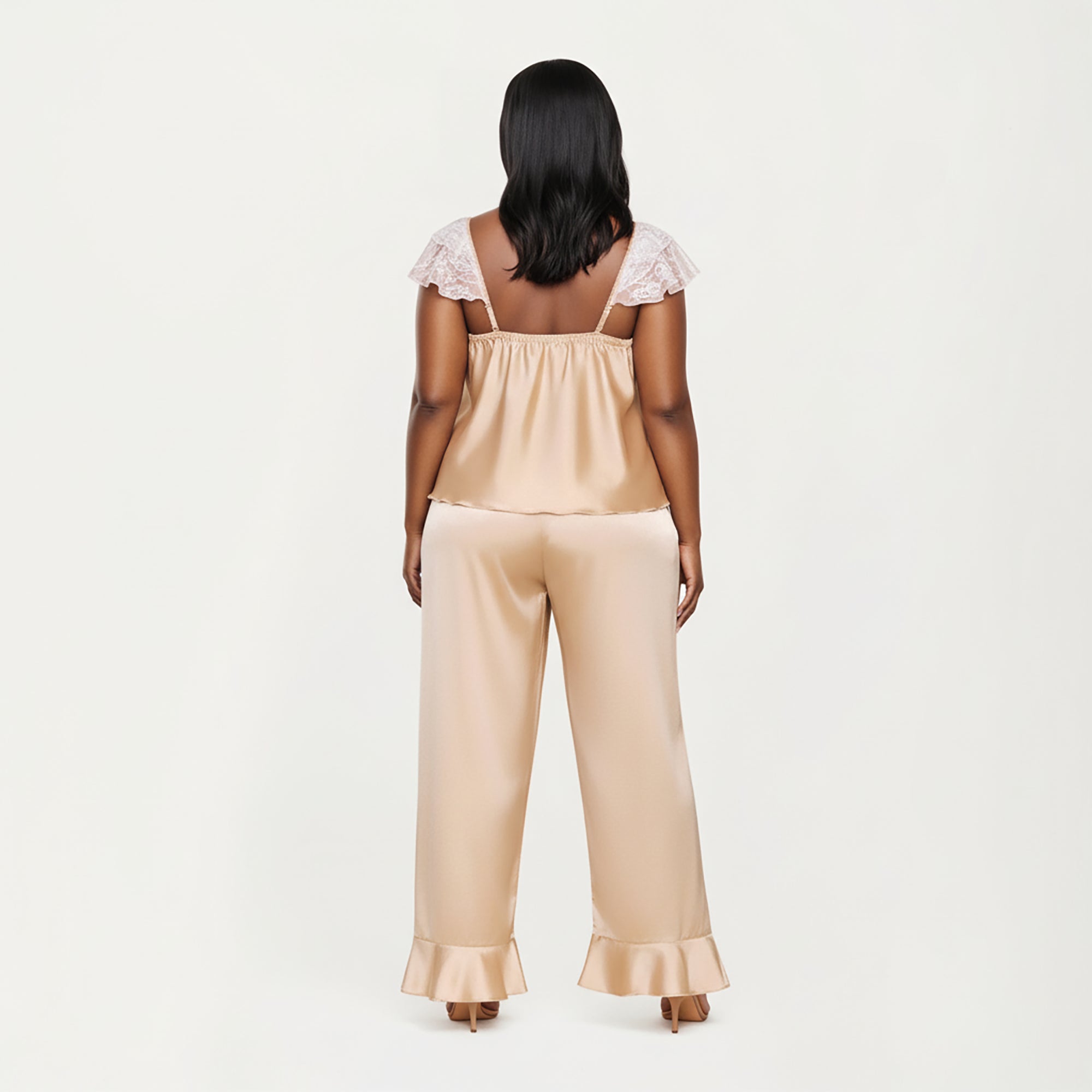 Anna-Kaci Lounge Women's PLus Size 2-Piece Set Satin Lace Trim Sleep Top and Wide Leg Pants with Soft Draping Silhouette