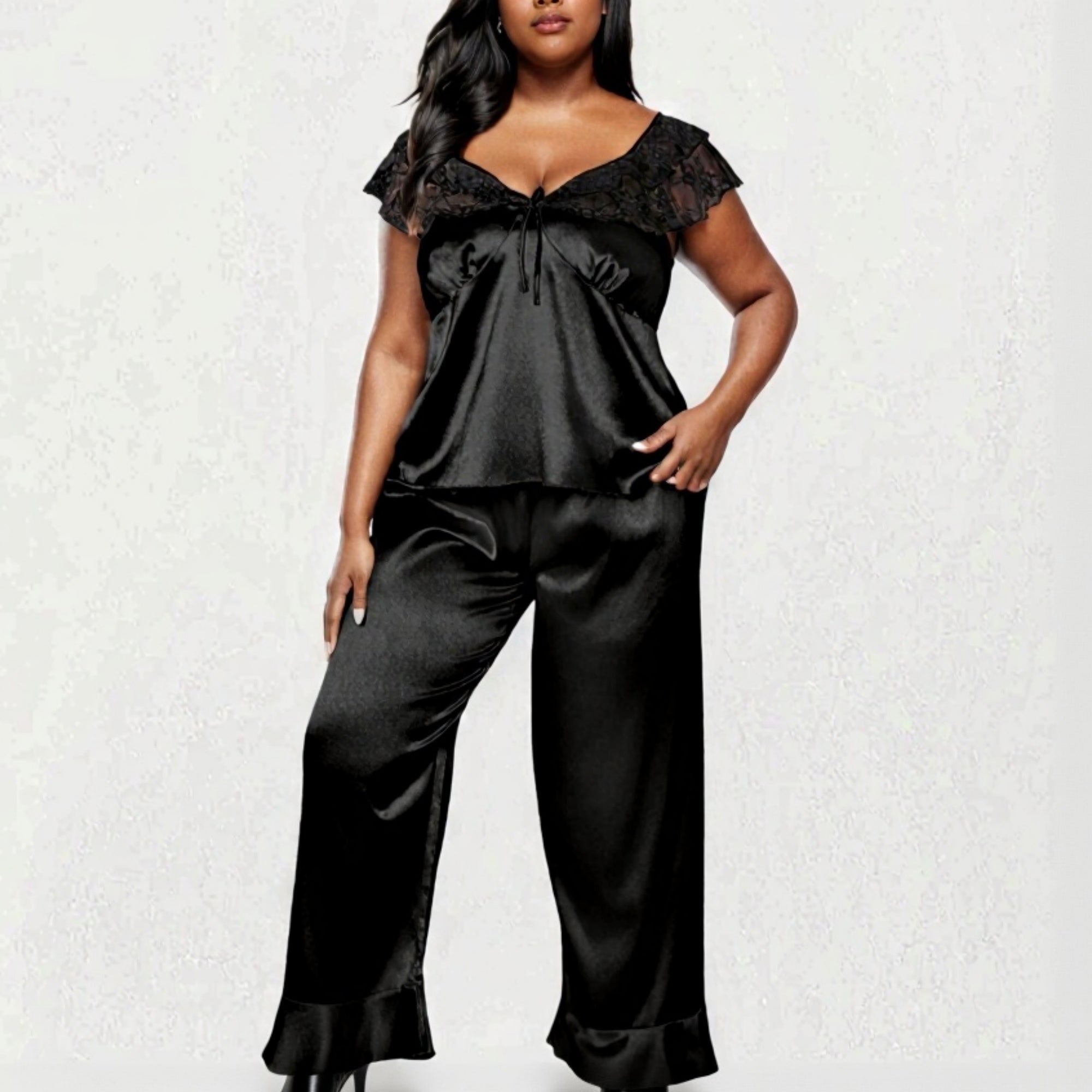 Anna-Kaci Lounge Women's PLus Size 2-Piece Set Satin Lace Trim Sleep Top and Wide Leg Pants with Soft Draping Silhouette