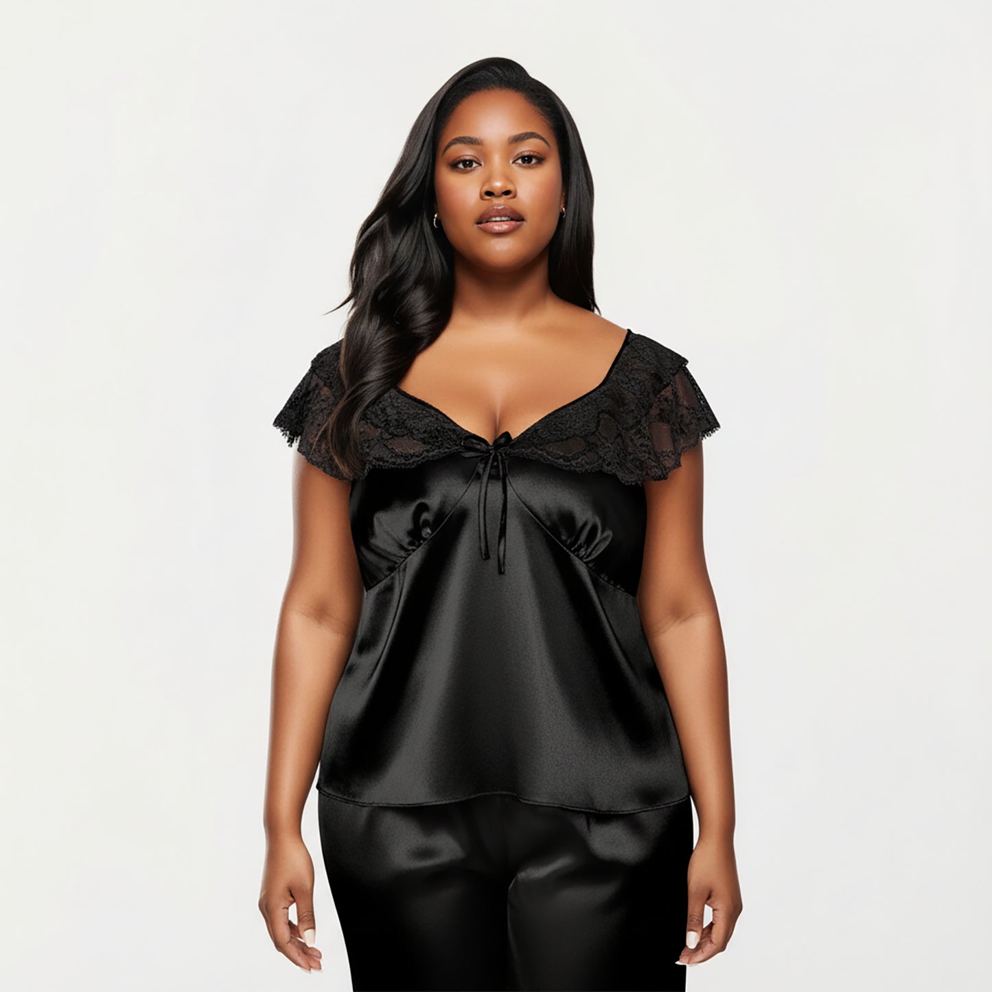 Anna-Kaci Lounge Women's PLus Size 2-Piece Set Satin Lace Trim Sleep Top and Wide Leg Pants with Soft Draping Silhouette