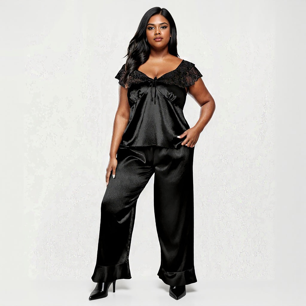 Anna-Kaci Lounge Women's PLus Size 2-Piece Set Satin Lace Trim Sleep Top and Wide Leg Pants with Soft Draping Silhouette