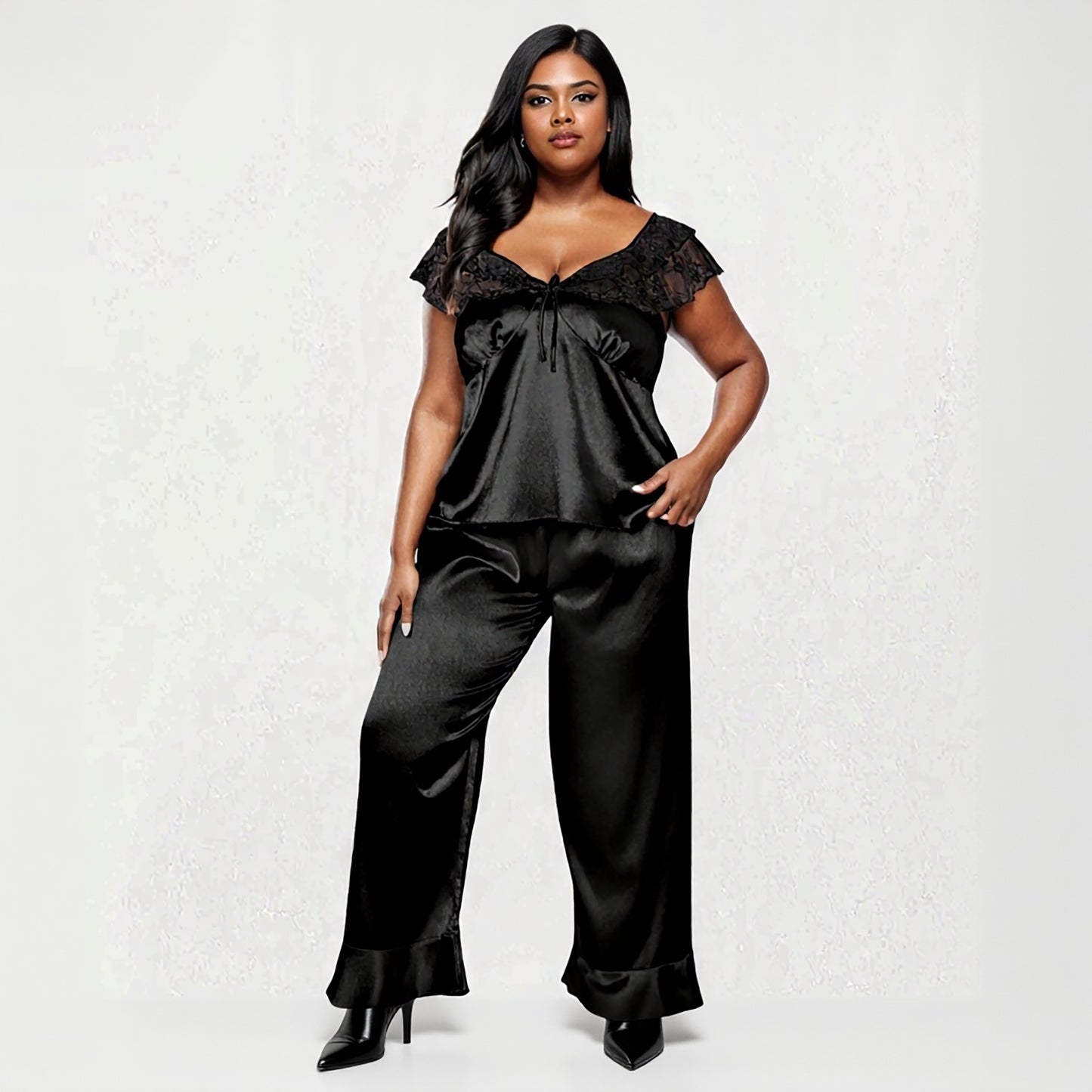 Anna-Kaci Lounge Women's PLus Size 2-Piece Set Satin Lace Trim Sleep Top and Wide Leg Pants with Soft Draping Silhouette