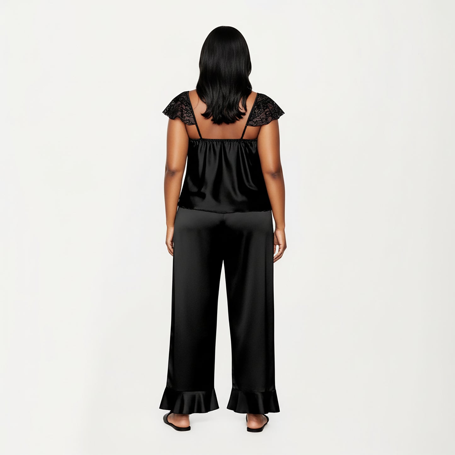 Anna-Kaci Lounge Women's PLus Size 2-Piece Set Satin Lace Trim Sleep Top and Wide Leg Pants with Soft Draping Silhouette