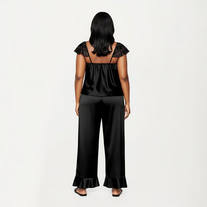 Anna-Kaci Lounge Women's PLus Size 2-Piece Set Satin Lace Trim Sleep Top and Wide Leg Pants with Soft Draping Silhouette