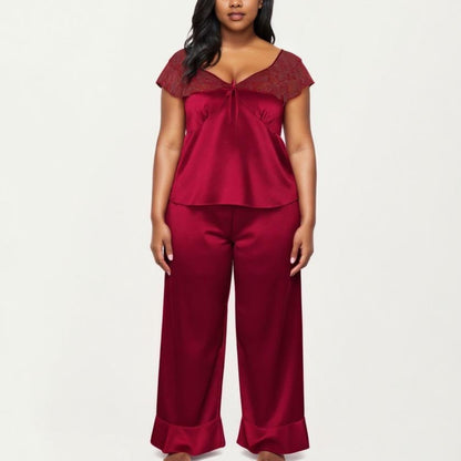 Anna-Kaci Lounge Women's PLus Size 2-Piece Set Satin Lace Trim Sleep Top and Wide Leg Pants with Soft Draping Silhouette