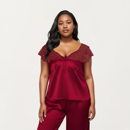 Anna-Kaci Lounge Women's PLus Size 2-Piece Set Satin Lace Trim Sleep Top and Wide Leg Pants with Soft Draping Silhouette