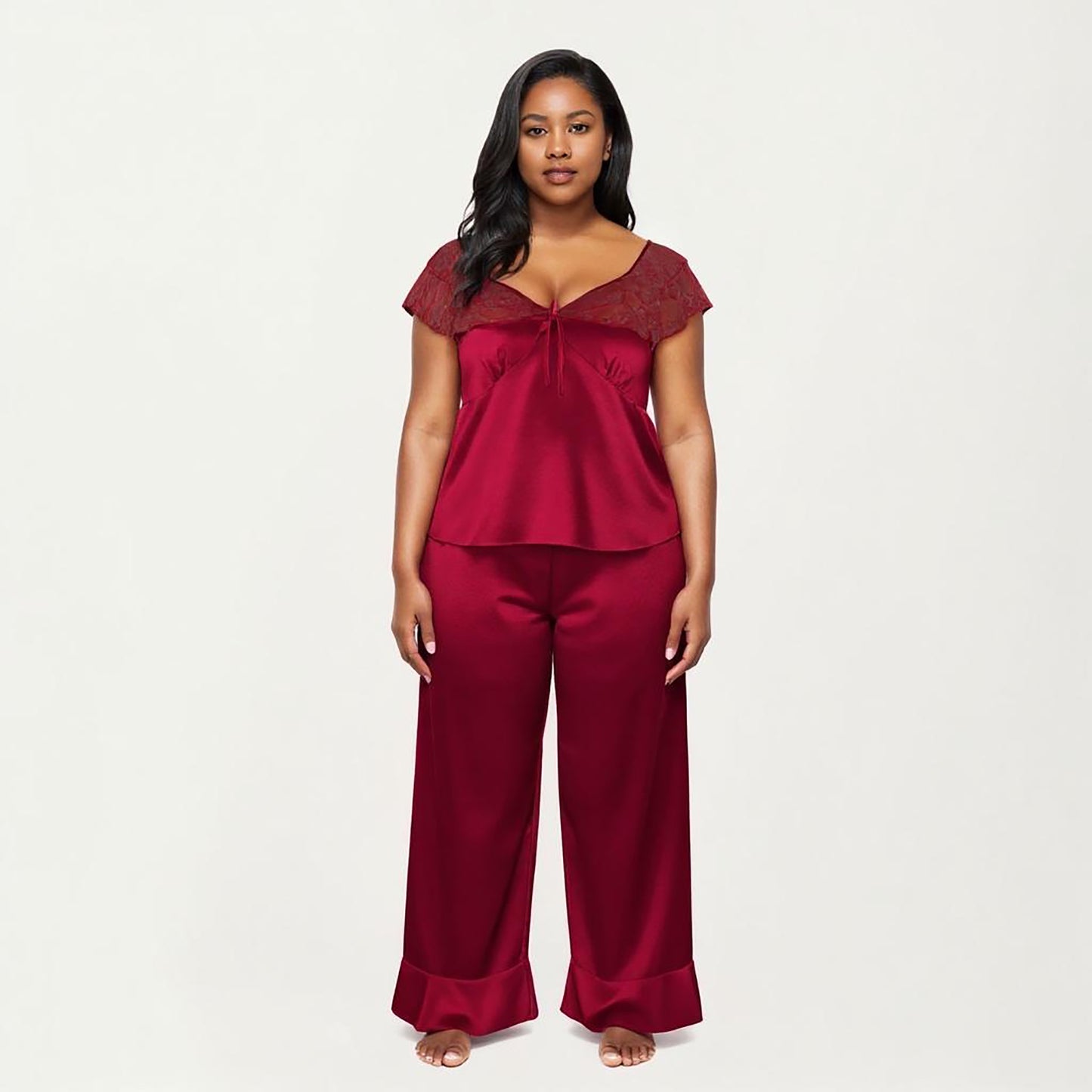 Anna-Kaci Lounge Women's PLus Size 2-Piece Set Satin Lace Trim Sleep Top and Wide Leg Pants with Soft Draping Silhouette