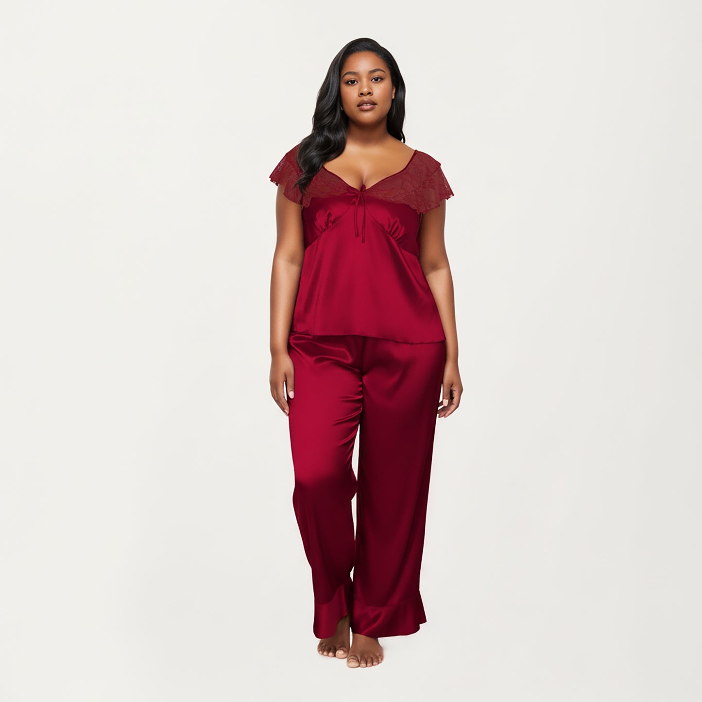 Anna-Kaci Lounge Women's PLus Size 2-Piece Set Satin Lace Trim Sleep Top and Wide Leg Pants with Soft Draping Silhouette