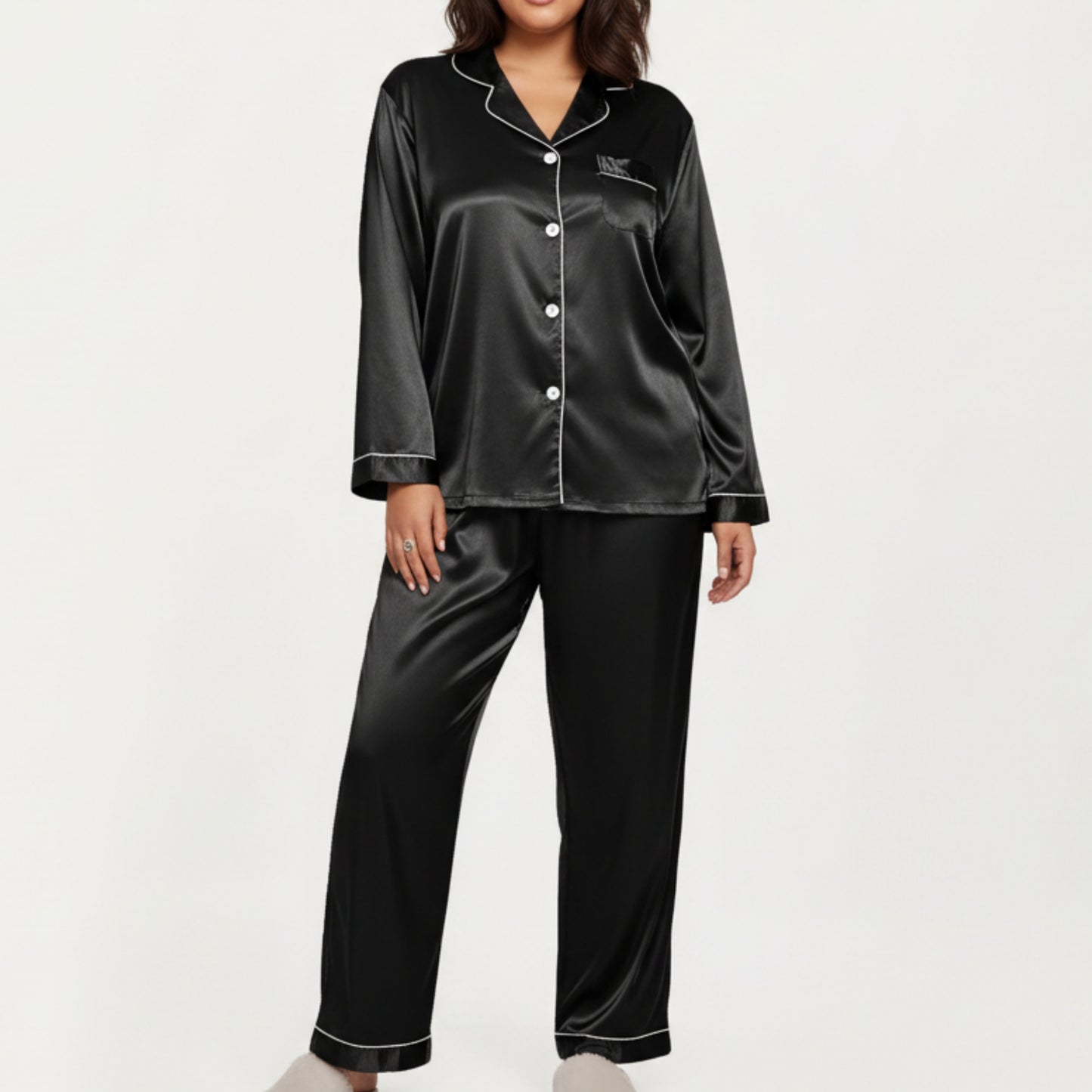 Anna-Kaci Lounge Women's PLus Size 2-Piece Set Satin Button-Up Pajama Top and Relaxed Fit Pants with Contrast Piping Trim