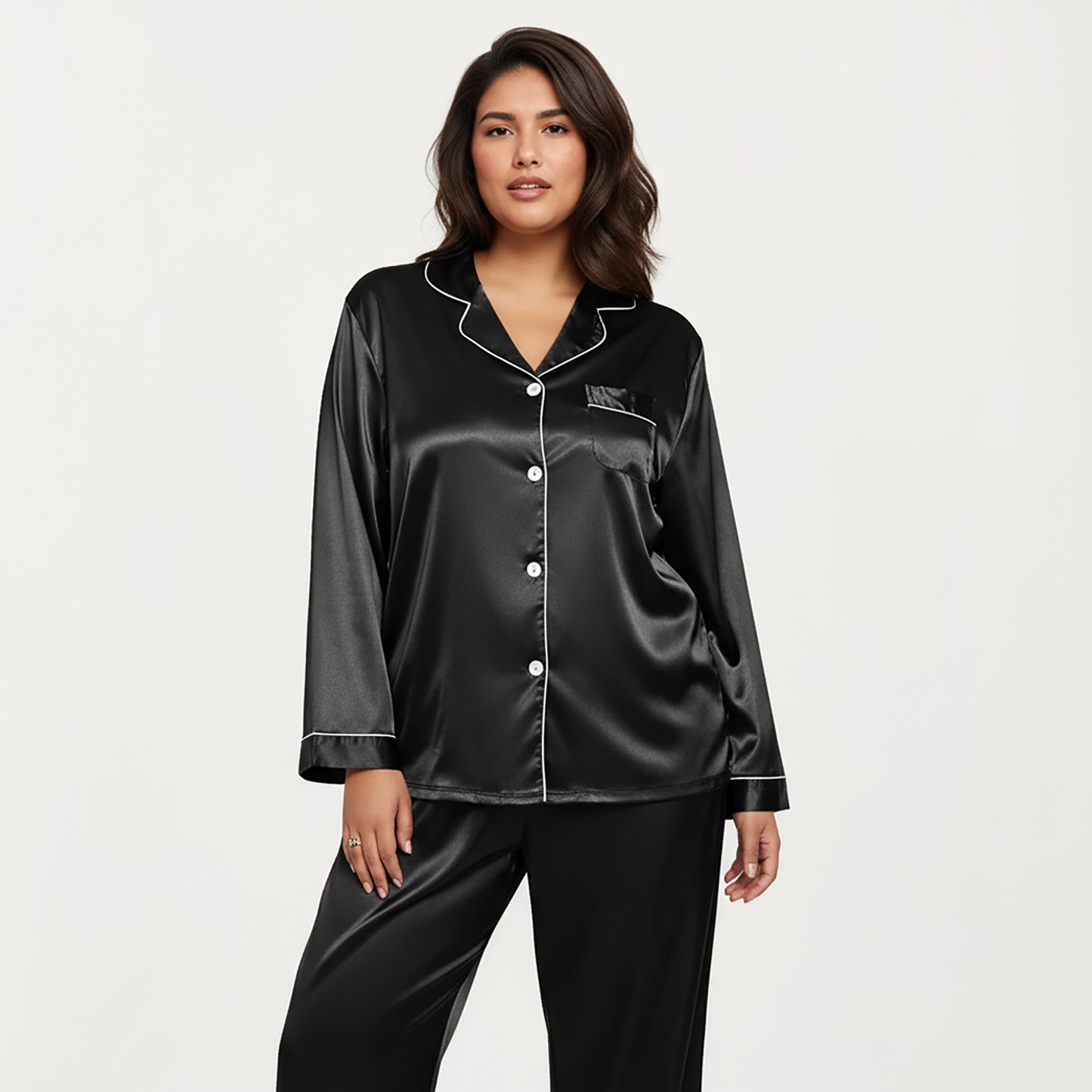 Anna-Kaci Lounge Women's PLus Size 2-Piece Set Satin Button-Up Pajama Top and Relaxed Fit Pants with Contrast Piping Trim