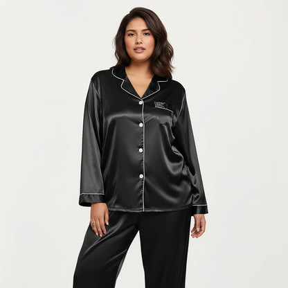 Anna-Kaci Lounge Women's PLus Size 2-Piece Set Satin Button-Up Pajama Top and Relaxed Fit Pants with Contrast Piping Trim