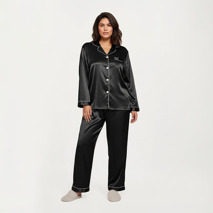 Anna-Kaci Lounge Women's PLus Size 2-Piece Set Satin Button-Up Pajama Top and Relaxed Fit Pants with Contrast Piping Trim