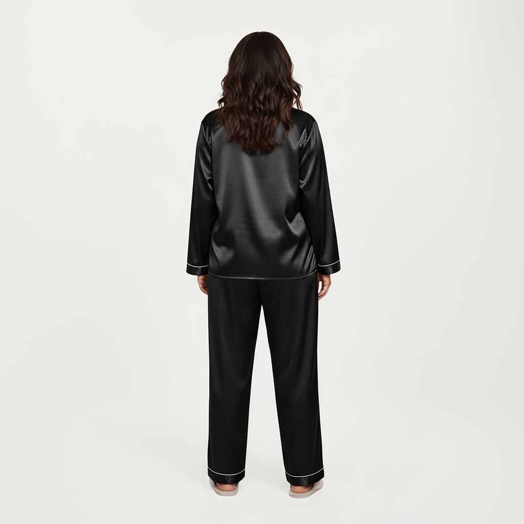 Anna-Kaci Lounge Women's PLus Size 2-Piece Set Satin Button-Up Pajama Top and Relaxed Fit Pants with Contrast Piping Trim