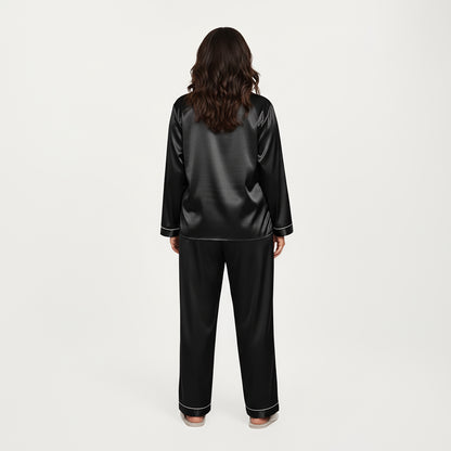 Anna-Kaci Lounge Women's PLus Size 2-Piece Set Satin Button-Up Pajama Top and Relaxed Fit Pants with Contrast Piping Trim