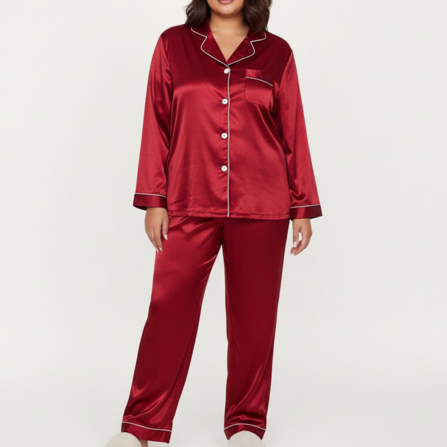 Anna-Kaci Lounge Women's PLus Size 2-Piece Set Satin Button-Up Pajama Top and Relaxed Fit Pants with Contrast Piping Trim