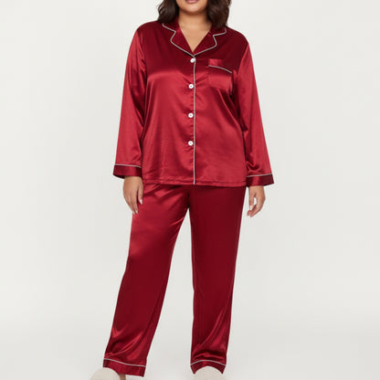 Anna-Kaci Lounge Women's PLus Size 2-Piece Set Satin Button-Up Pajama Top and Relaxed Fit Pants with Contrast Piping Trim