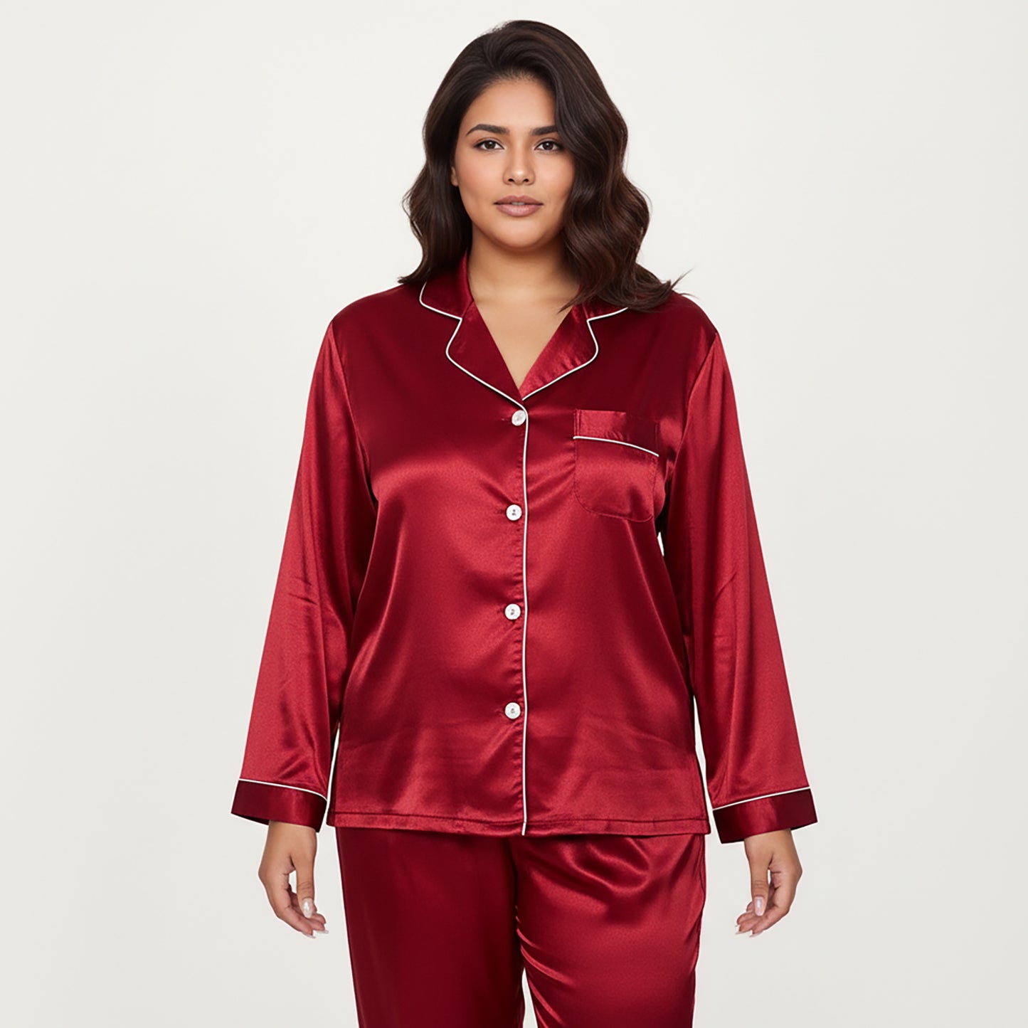 Anna-Kaci Lounge Women's PLus Size 2-Piece Set Satin Button-Up Pajama Top and Relaxed Fit Pants with Contrast Piping Trim