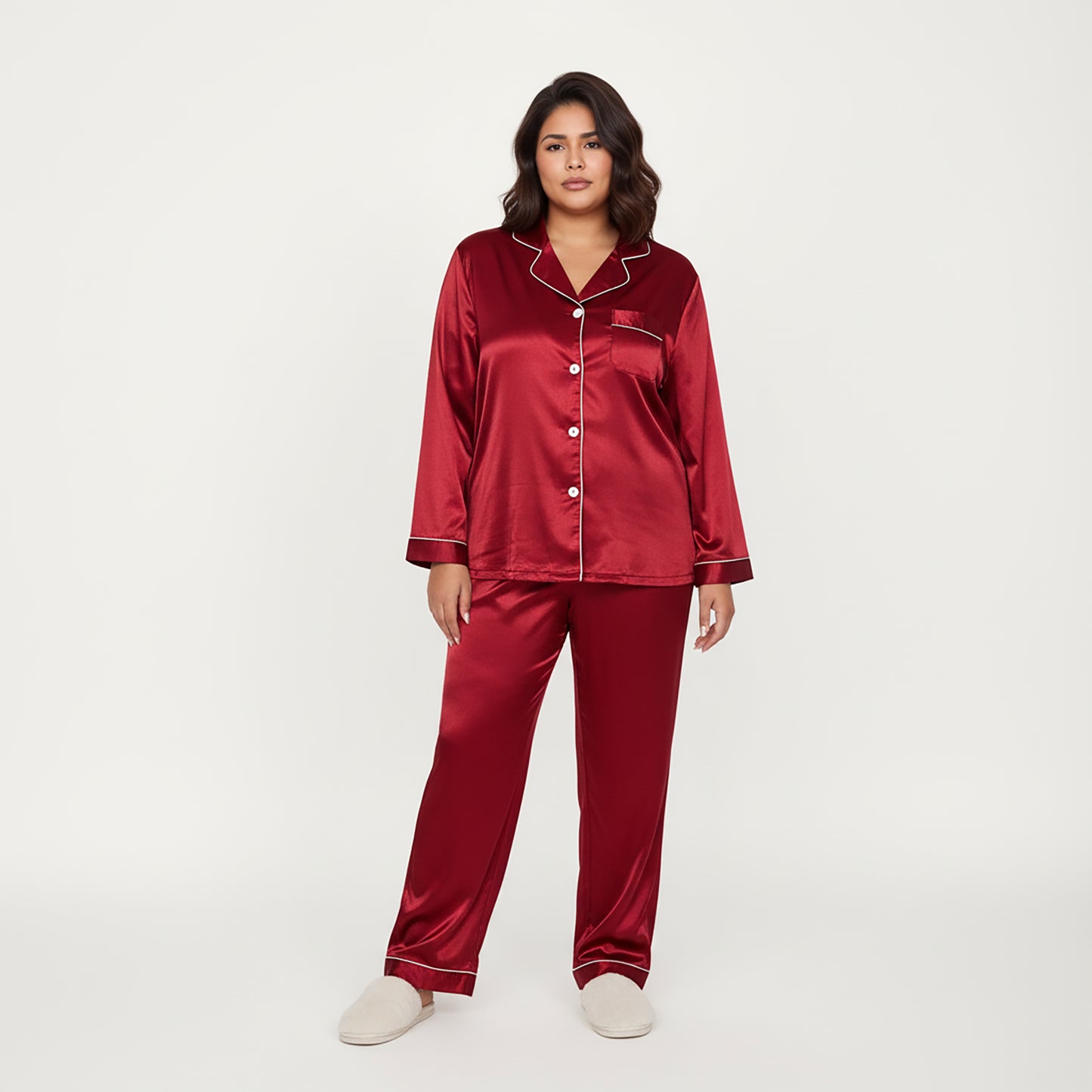 Anna-Kaci Lounge Women's PLus Size 2-Piece Set Satin Button-Up Pajama Top and Relaxed Fit Pants with Contrast Piping Trim