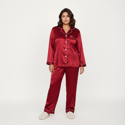 Anna-Kaci Lounge Women's PLus Size 2-Piece Set Satin Button-Up Pajama Top and Relaxed Fit Pants with Contrast Piping Trim