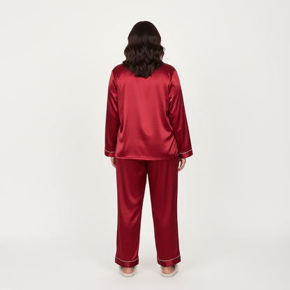 Anna-Kaci Lounge Women's PLus Size 2-Piece Set Satin Button-Up Pajama Top and Relaxed Fit Pants with Contrast Piping Trim