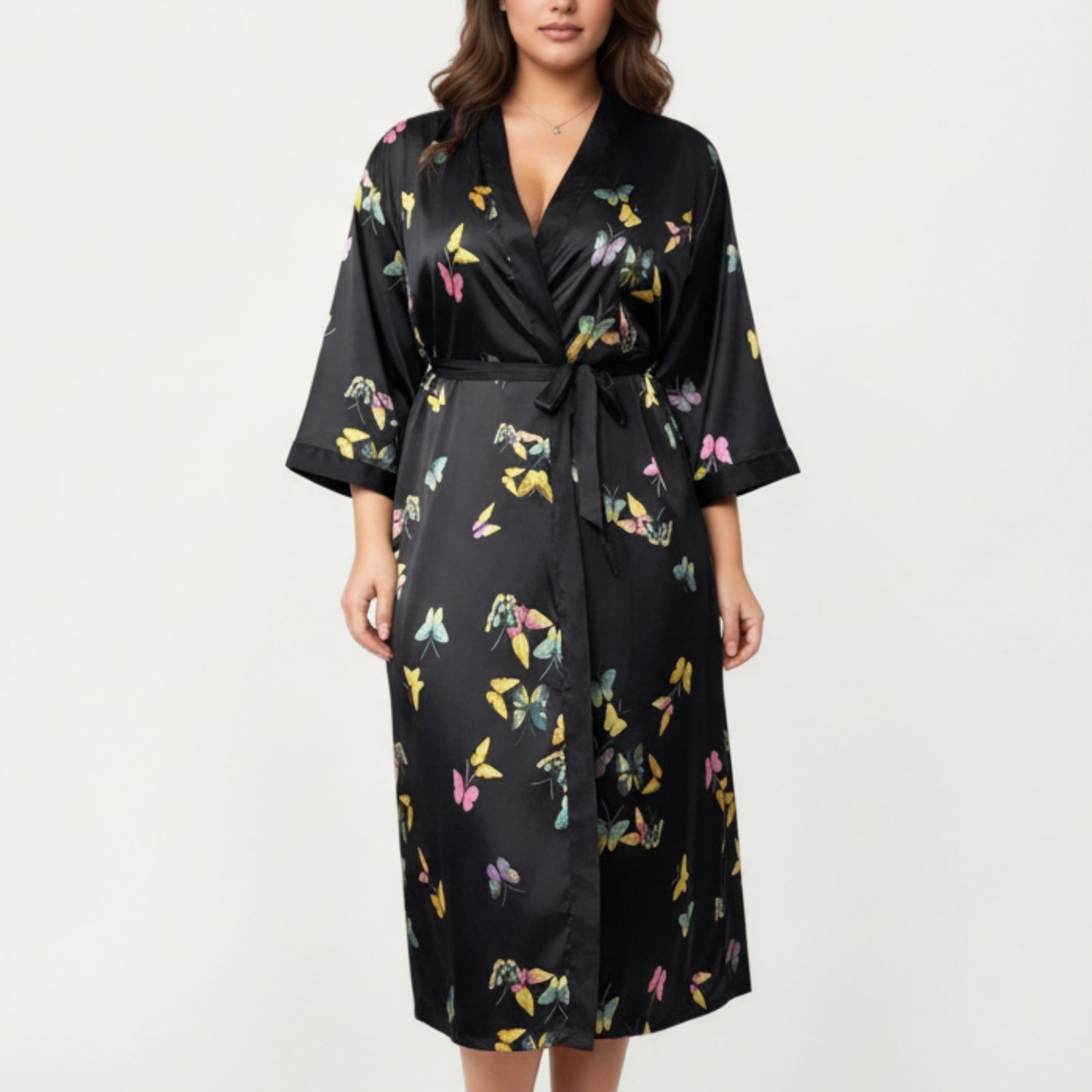 Anna-Kaci Lounge Women's PLus Size Butterfly Print Satin Robe with Wrap Front Design, Wide Sleeves, and Adjustable Tie Waist Belt