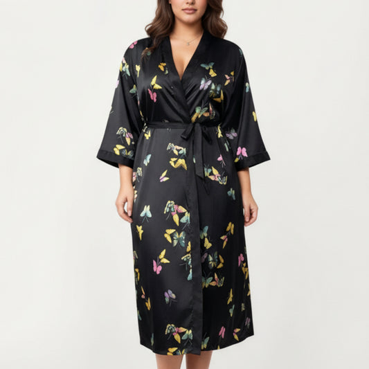 Anna-Kaci Lounge Women's PLus Size Butterfly Print Satin Robe with Wrap Front Design, Wide Sleeves, and Adjustable Tie Waist Belt