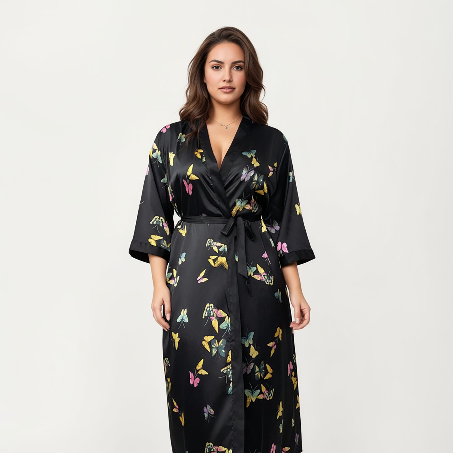 Anna-Kaci Lounge Women's PLus Size Butterfly Print Satin Robe with Wrap Front Design, Wide Sleeves, and Adjustable Tie Waist Belt