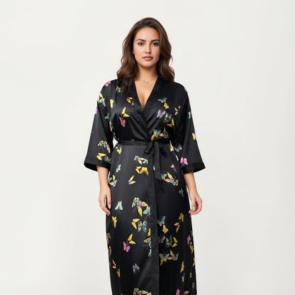 Anna-Kaci Lounge Women's PLus Size Butterfly Print Satin Robe with Wrap Front Design, Wide Sleeves, and Adjustable Tie Waist Belt