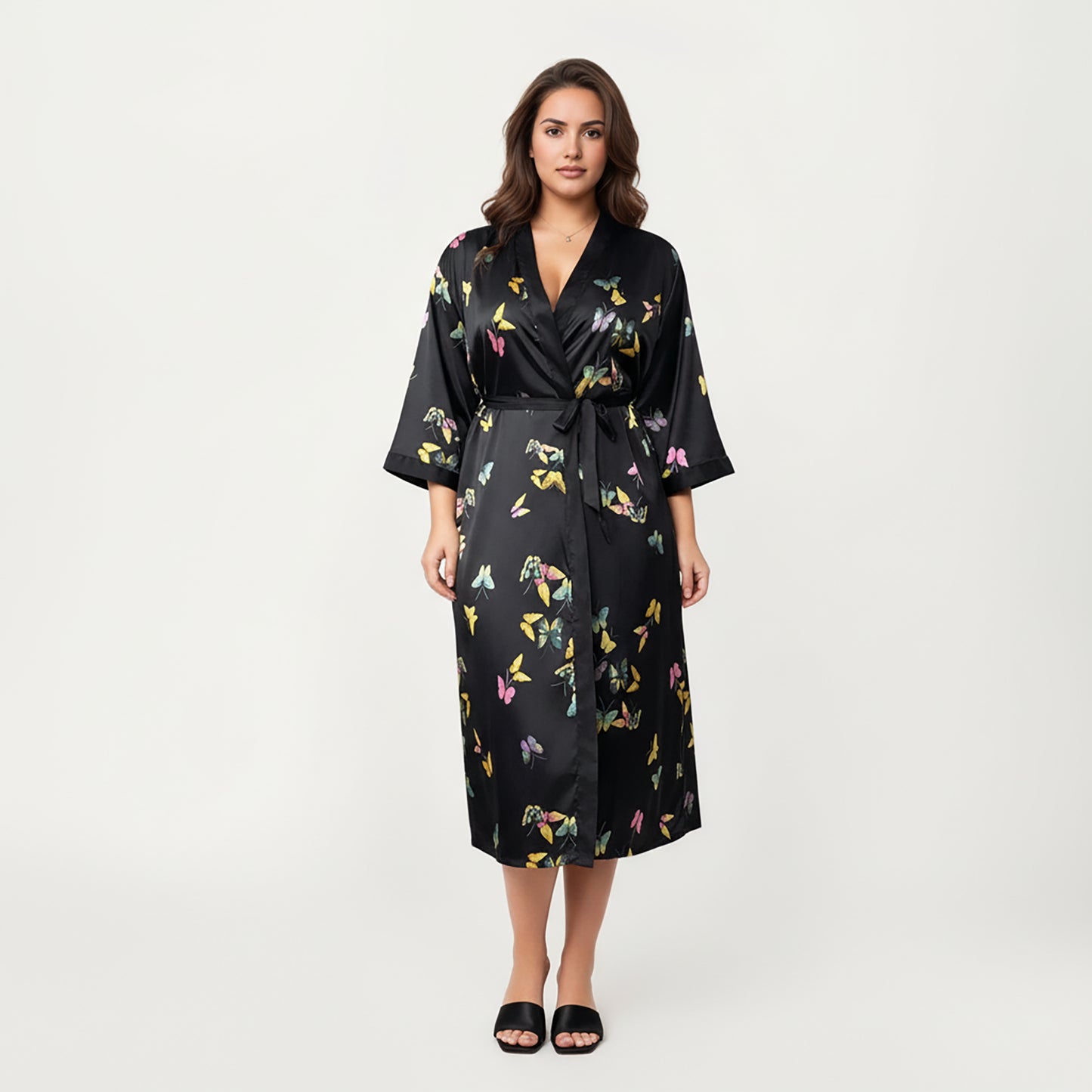 Anna-Kaci Lounge Women's PLus Size Butterfly Print Satin Robe with Wrap Front Design, Wide Sleeves, and Adjustable Tie Waist Belt