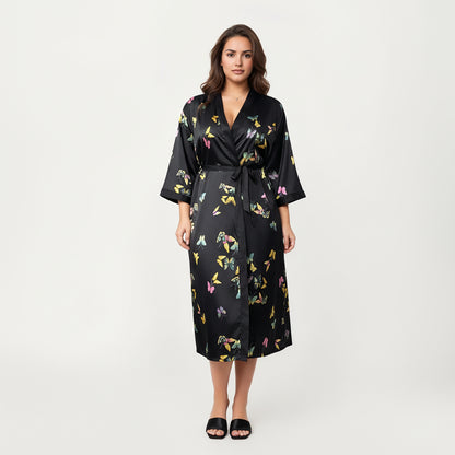 Anna-Kaci Lounge Women's PLus Size Butterfly Print Satin Robe with Wrap Front Design, Wide Sleeves, and Adjustable Tie Waist Belt