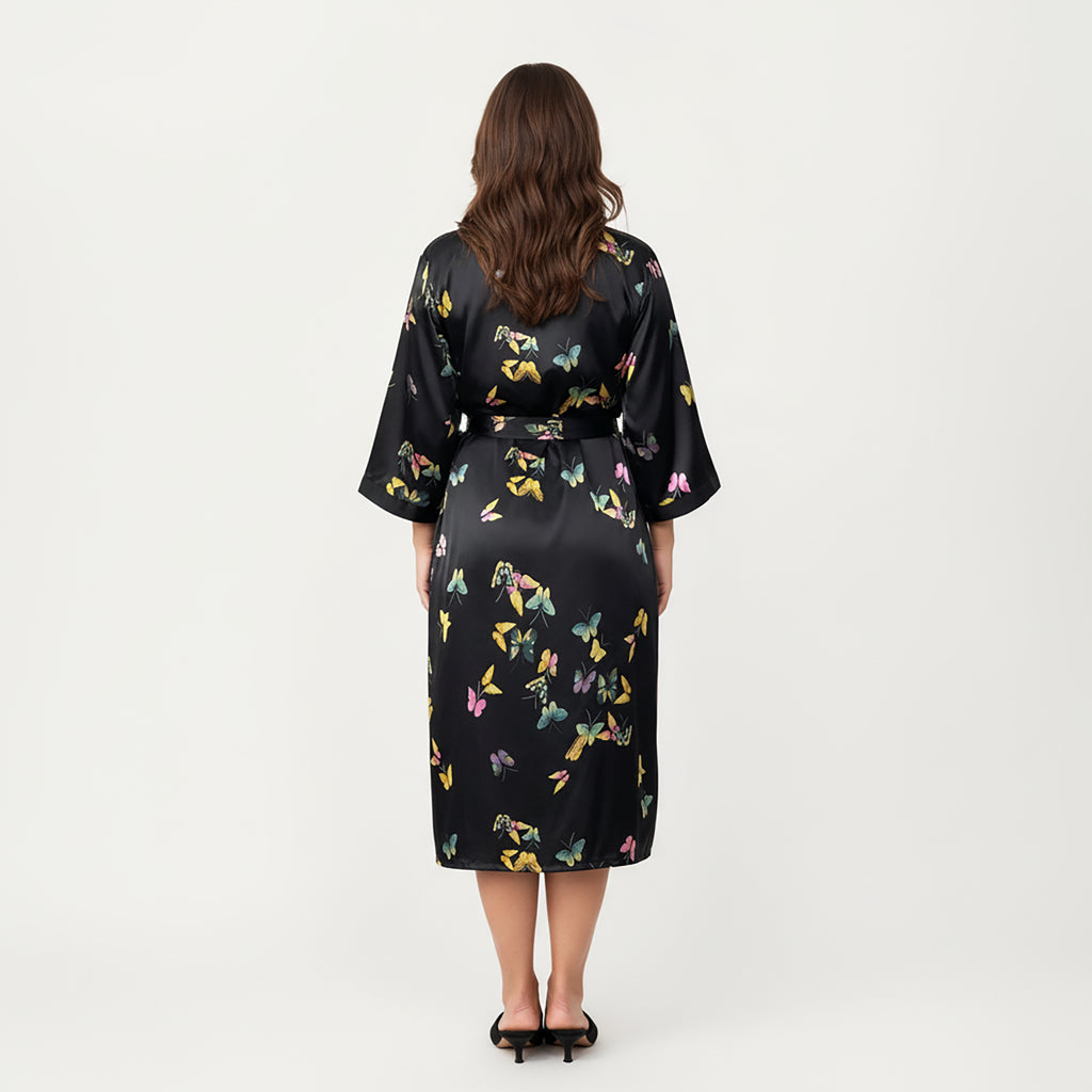 Anna-Kaci Lounge Women's PLus Size Butterfly Print Satin Robe with Wrap Front Design, Wide Sleeves, and Adjustable Tie Waist Belt