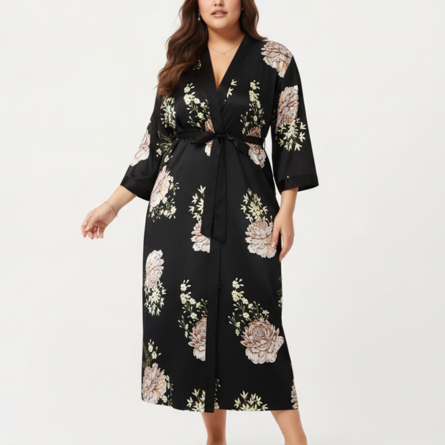 Anna-Kaci Lounge Women's PLus Size Floral Satin Long Robe with Contrast Trim, Wrap Front Silhouette and Waist Tie Belt