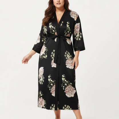 Anna-Kaci Lounge Women's PLus Size Floral Satin Long Robe with Contrast Trim, Wrap Front Silhouette and Waist Tie Belt