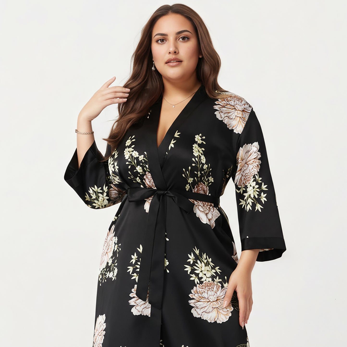 Anna-Kaci Lounge Women's PLus Size Floral Satin Long Robe with Contrast Trim, Wrap Front Silhouette and Waist Tie Belt