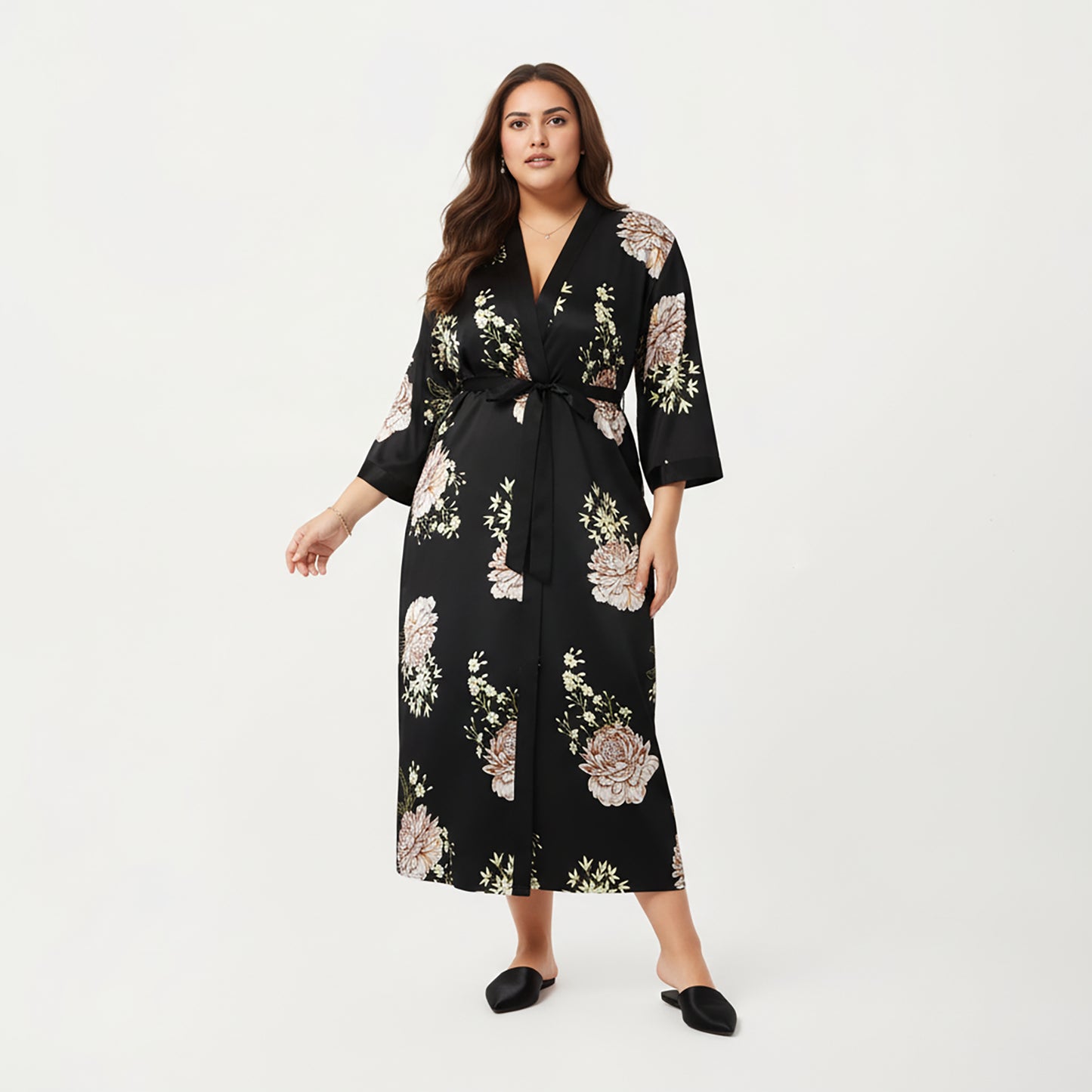 Anna-Kaci Lounge Women's PLus Size Floral Satin Long Robe with Contrast Trim, Wrap Front Silhouette and Waist Tie Belt