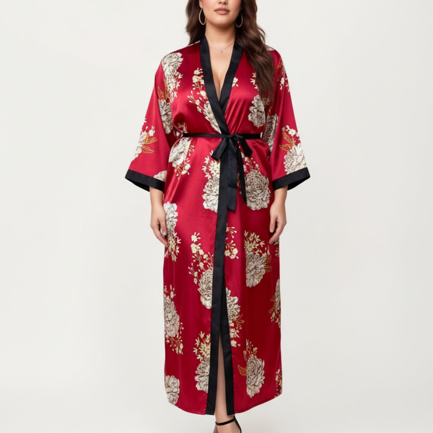 Anna-Kaci Lounge Women's PLus Size Floral Satin Long Robe with Contrast Trim, Wrap Front Silhouette and Waist Tie Belt