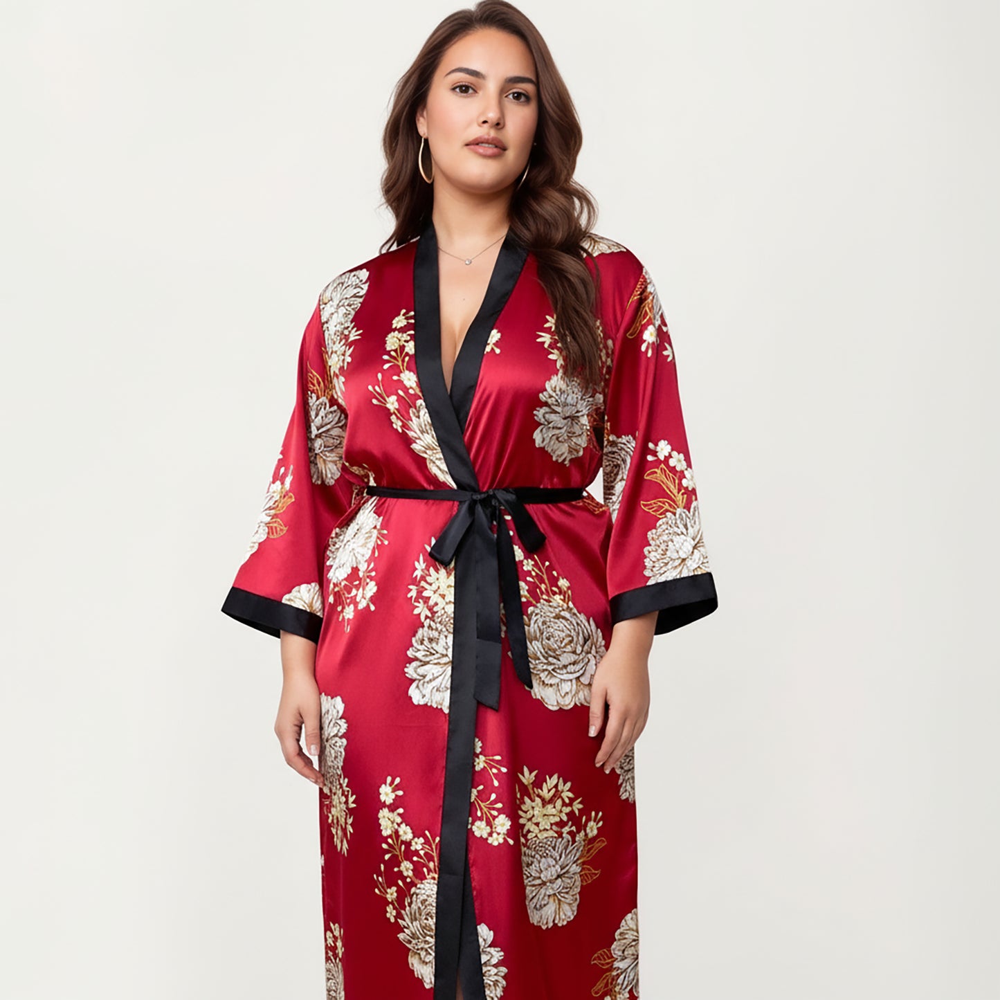 Anna-Kaci Lounge Women's PLus Size Floral Satin Long Robe with Contrast Trim, Wrap Front Silhouette and Waist Tie Belt