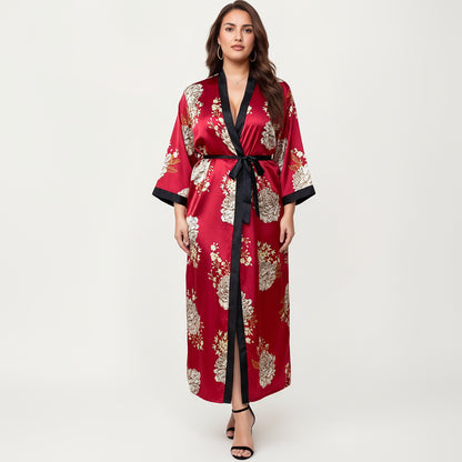 Anna-Kaci Lounge Women's PLus Size Floral Satin Long Robe with Contrast Trim, Wrap Front Silhouette and Waist Tie Belt