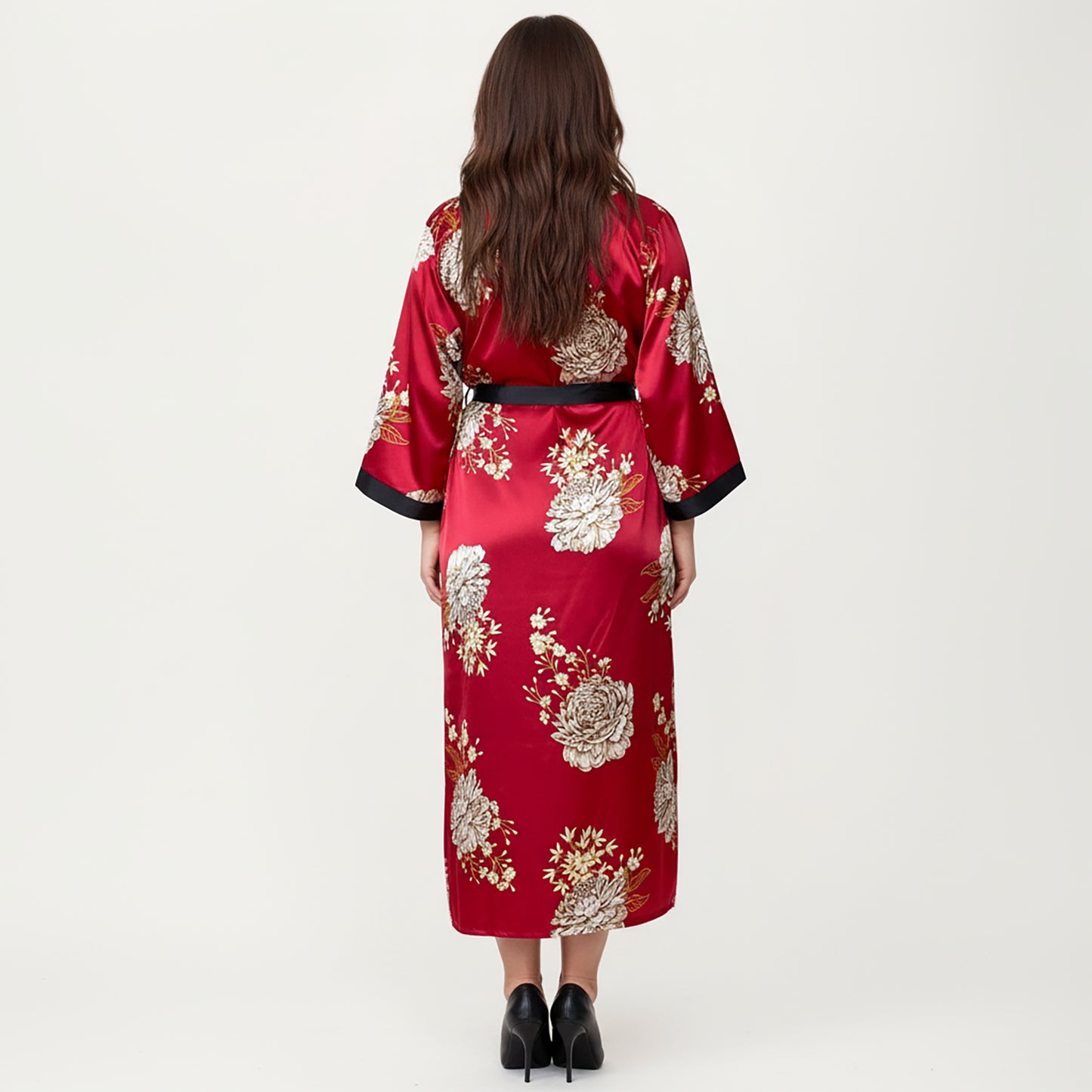 Anna-Kaci Lounge Women's PLus Size Floral Satin Long Robe with Contrast Trim, Wrap Front Silhouette and Waist Tie Belt