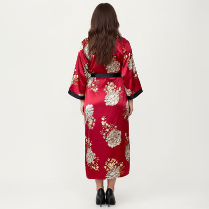 Anna-Kaci Lounge Women's PLus Size Floral Satin Long Robe with Contrast Trim, Wrap Front Silhouette and Waist Tie Belt