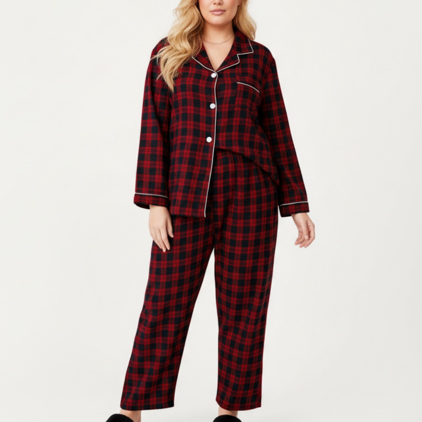 Anna-Kaci Lounge Women's PLus Size 2-Piece Set Plaid Button-Front Pajama Top with Soft Brushed Fabric, Matching Relaxed-Fit Pants