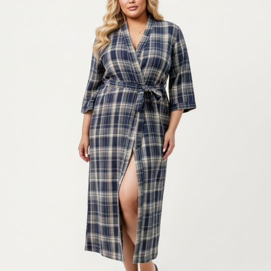 Anna-Kaci Lounge Women's PLus Size Plaid Long Robe with Brushed Texture Adjustable Waist Tie, and Three-Quarter Sleeves