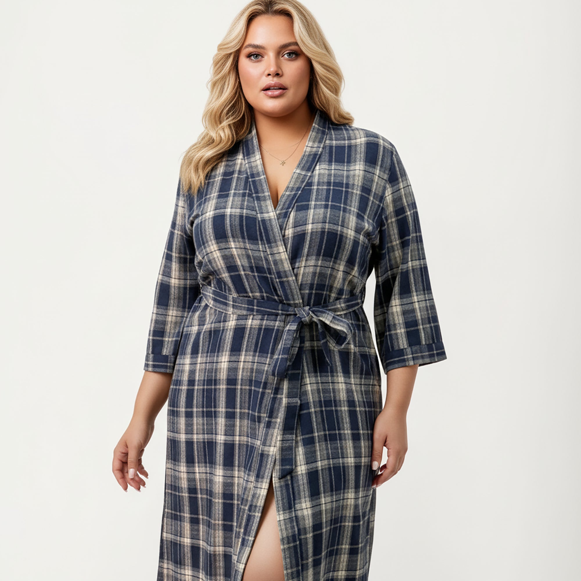 Anna-Kaci Lounge Women's PLus Size Plaid Long Robe with Brushed Texture Adjustable Waist Tie, and Three-Quarter Sleeves