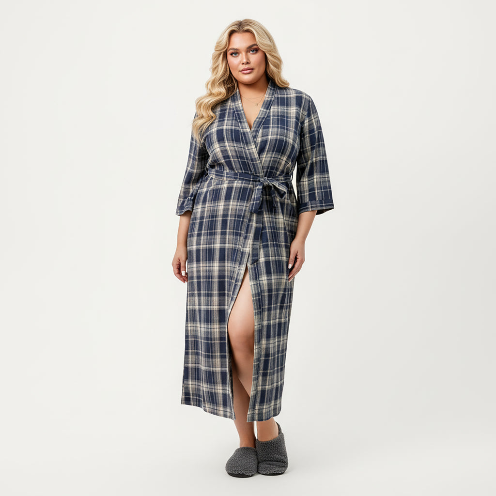 Anna-Kaci Lounge Women's PLus Size Plaid Long Robe with Brushed Texture Adjustable Waist Tie, and Three-Quarter Sleeves