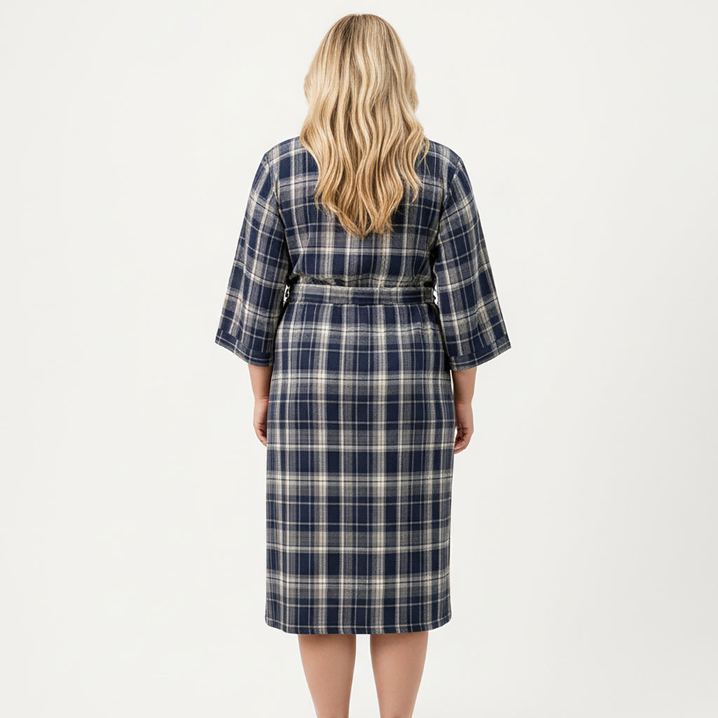 Anna-Kaci Lounge Women's PLus Size Plaid Long Robe with Brushed Texture Adjustable Waist Tie, and Three-Quarter Sleeves